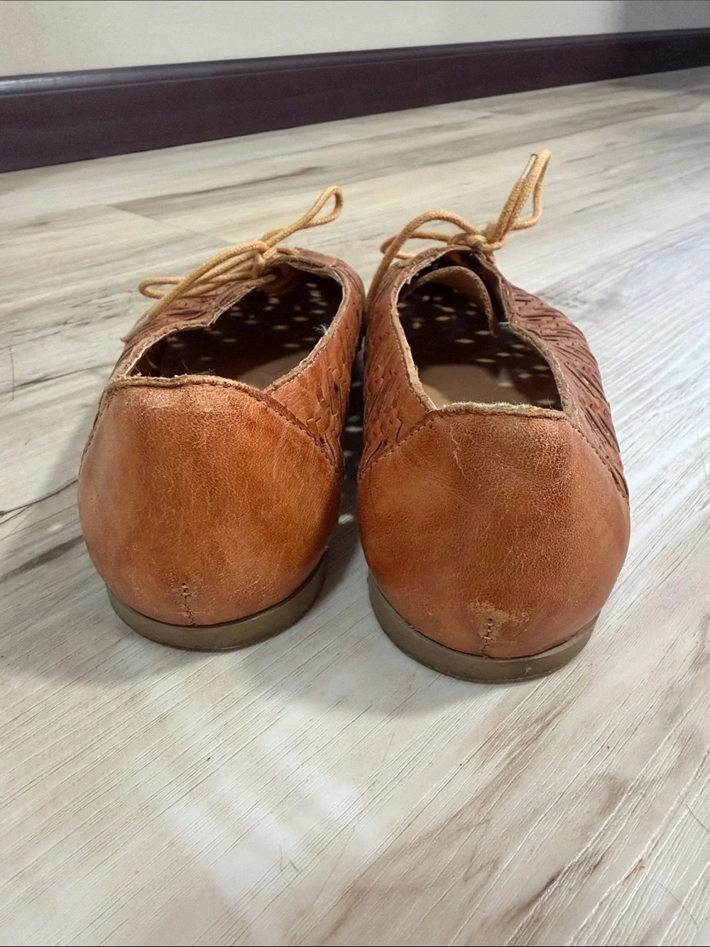Brown Leather Huarache Oxford Flats Size Marked 38 40 Woven Boho Shoes